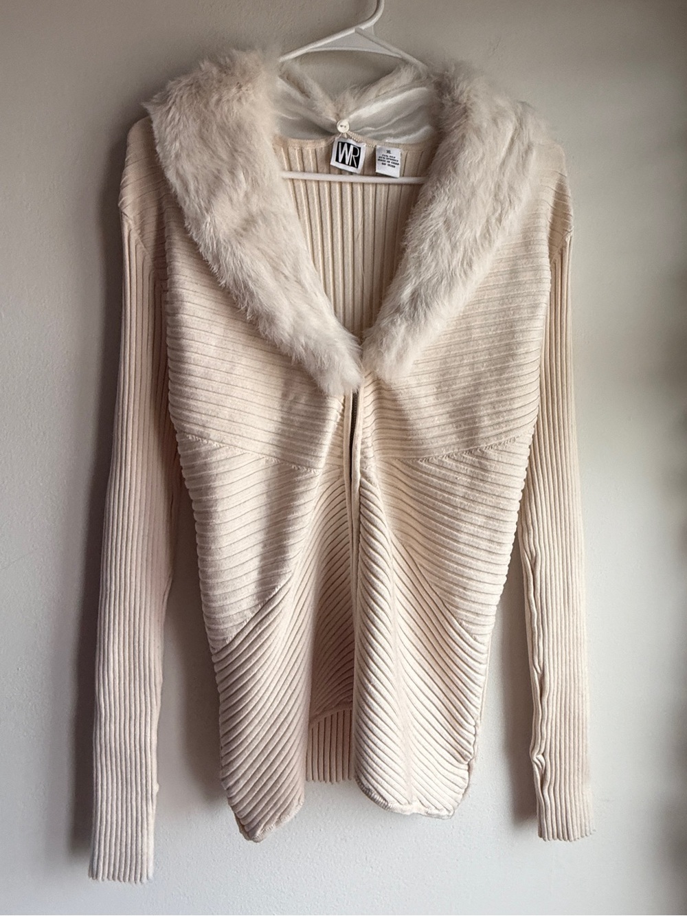 Vintage WR 75% Silk Cream Ribbed Full Zip Cardigan Fur Collar Y2K Cozy Glam XL